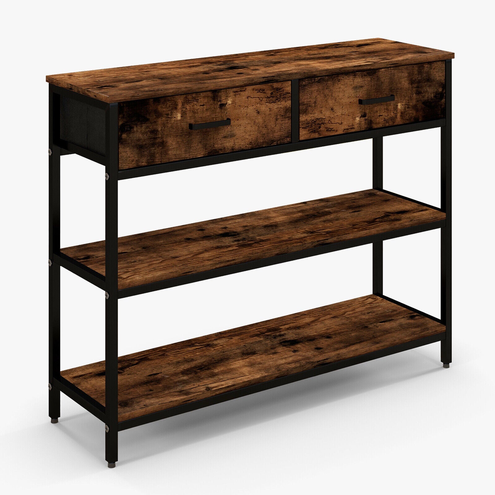 Console Table with Folding Fabric Drawers for Entryway-Rustic Brown - Rustic Brown