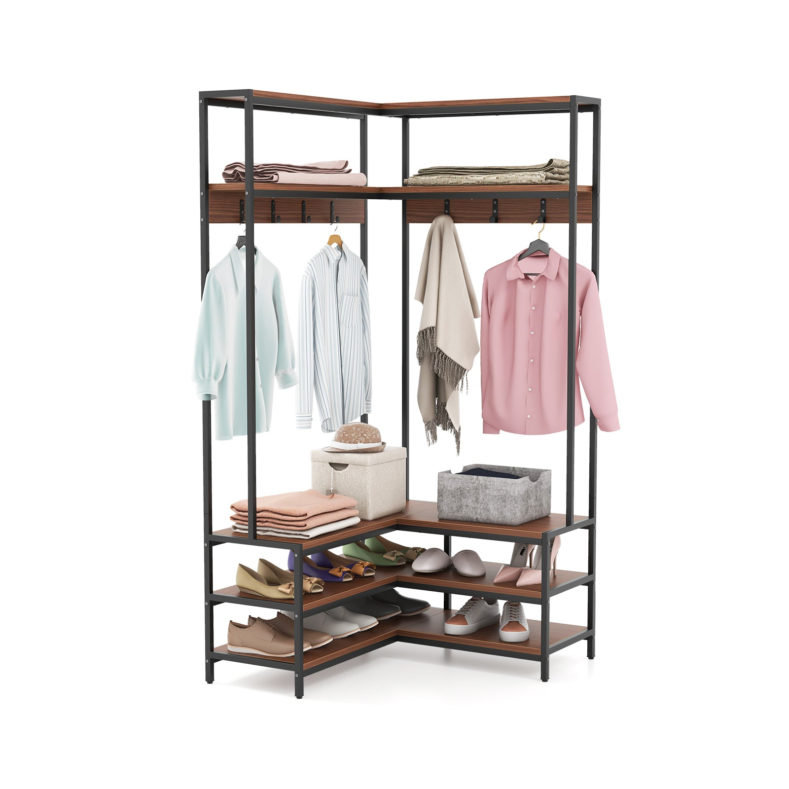 Corner Garment Rack with Open Shelves and 7 Hooks Shoe Bench-Rustic Brown - Walnut