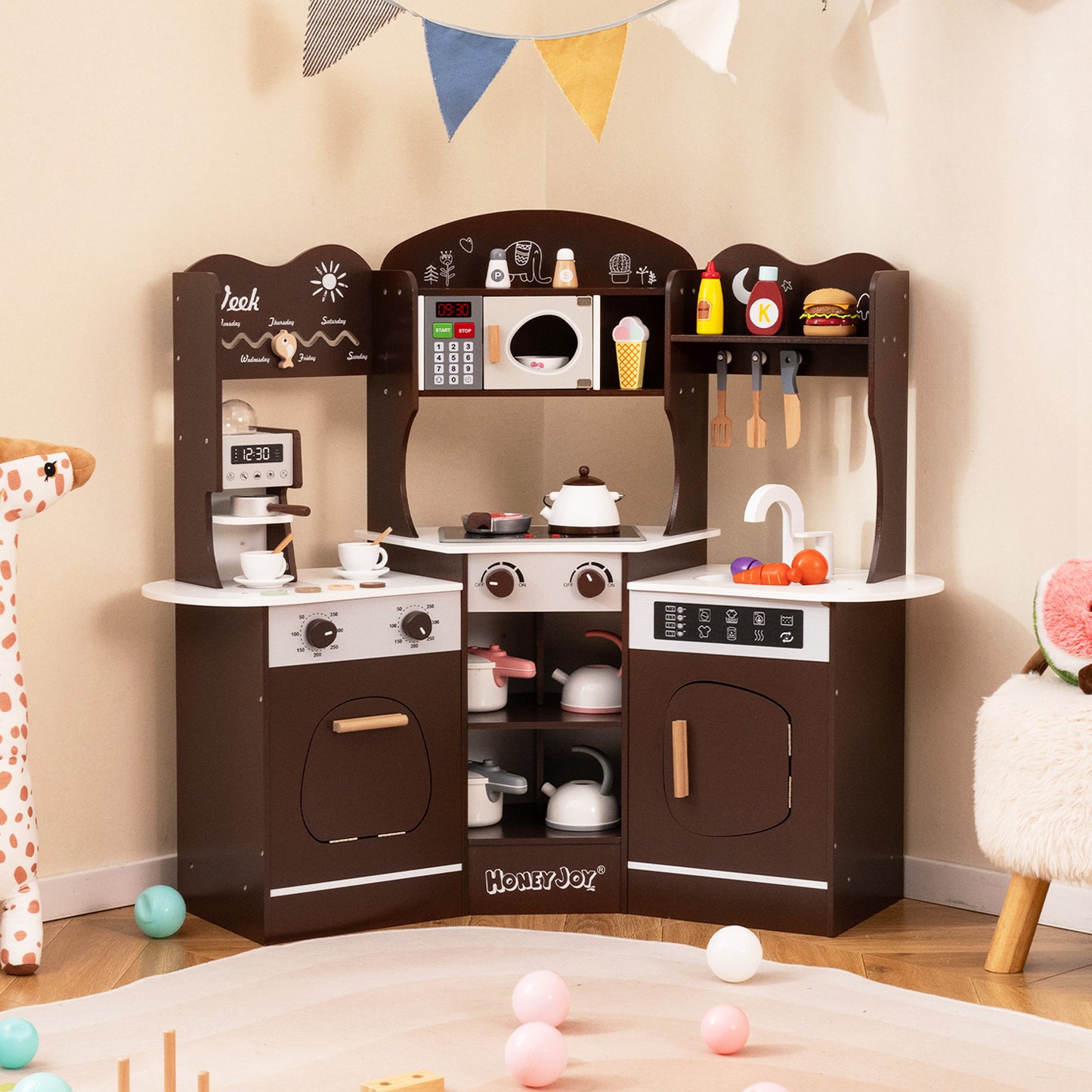 Corner Wooden Play Kitchen with Coffee Machine and Slide for Kids