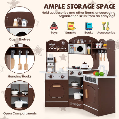 Corner Wooden Play Kitchen with Coffee Machine and Slide for Kids