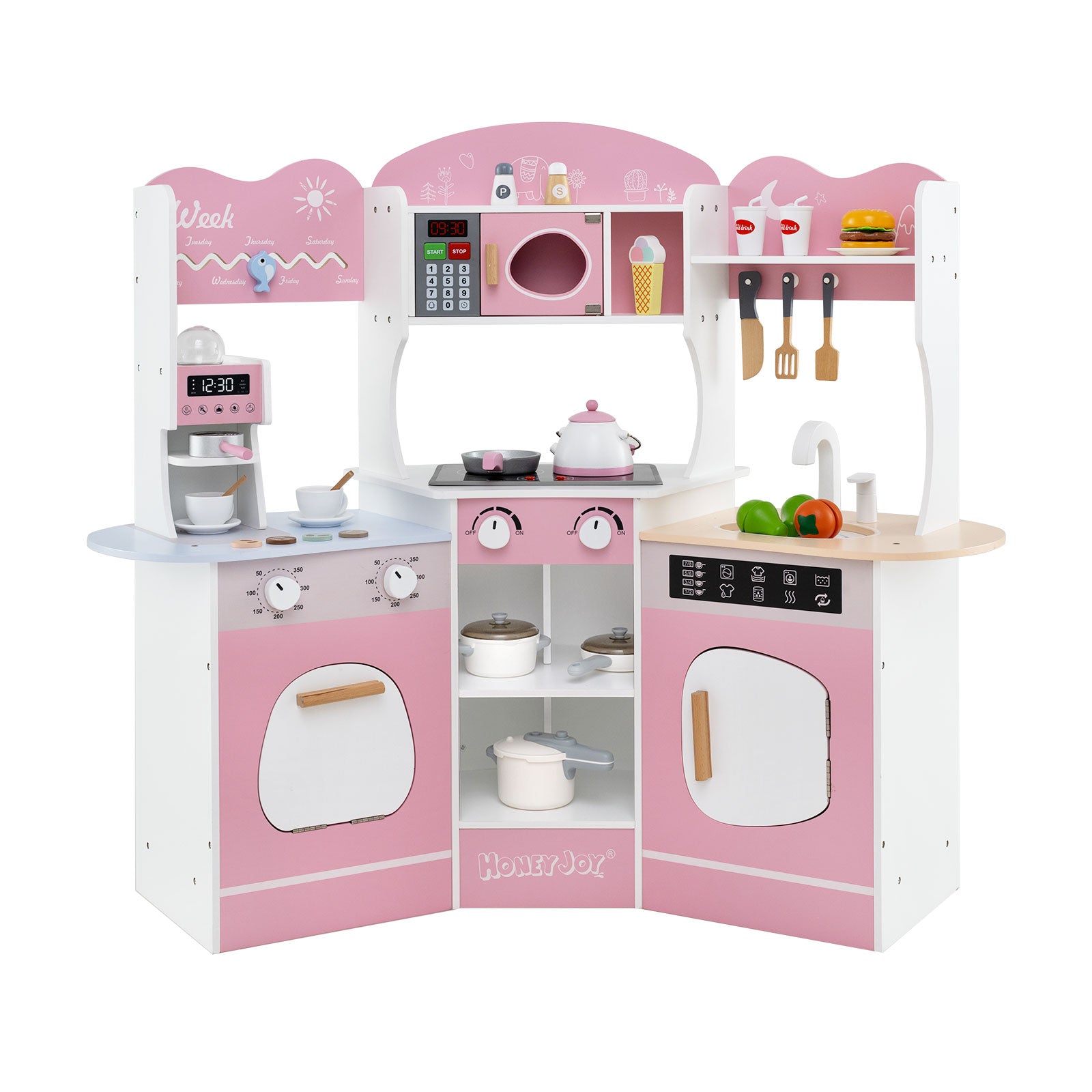 Corner Wooden Play Kitchen with Coffee Machine and Slide for Kids-Pink - Pink