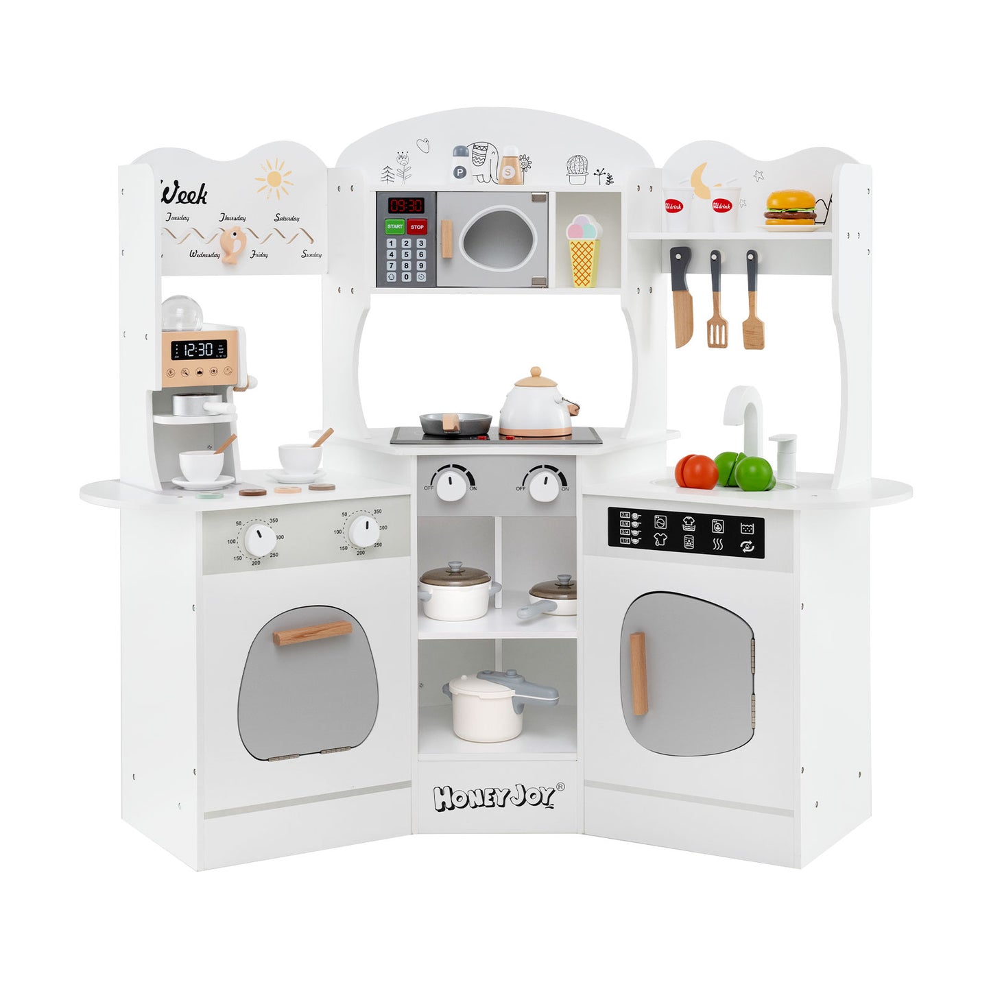 Corner Wooden Play Kitchen with Coffee Machine and Slide for Kids-Pink - White