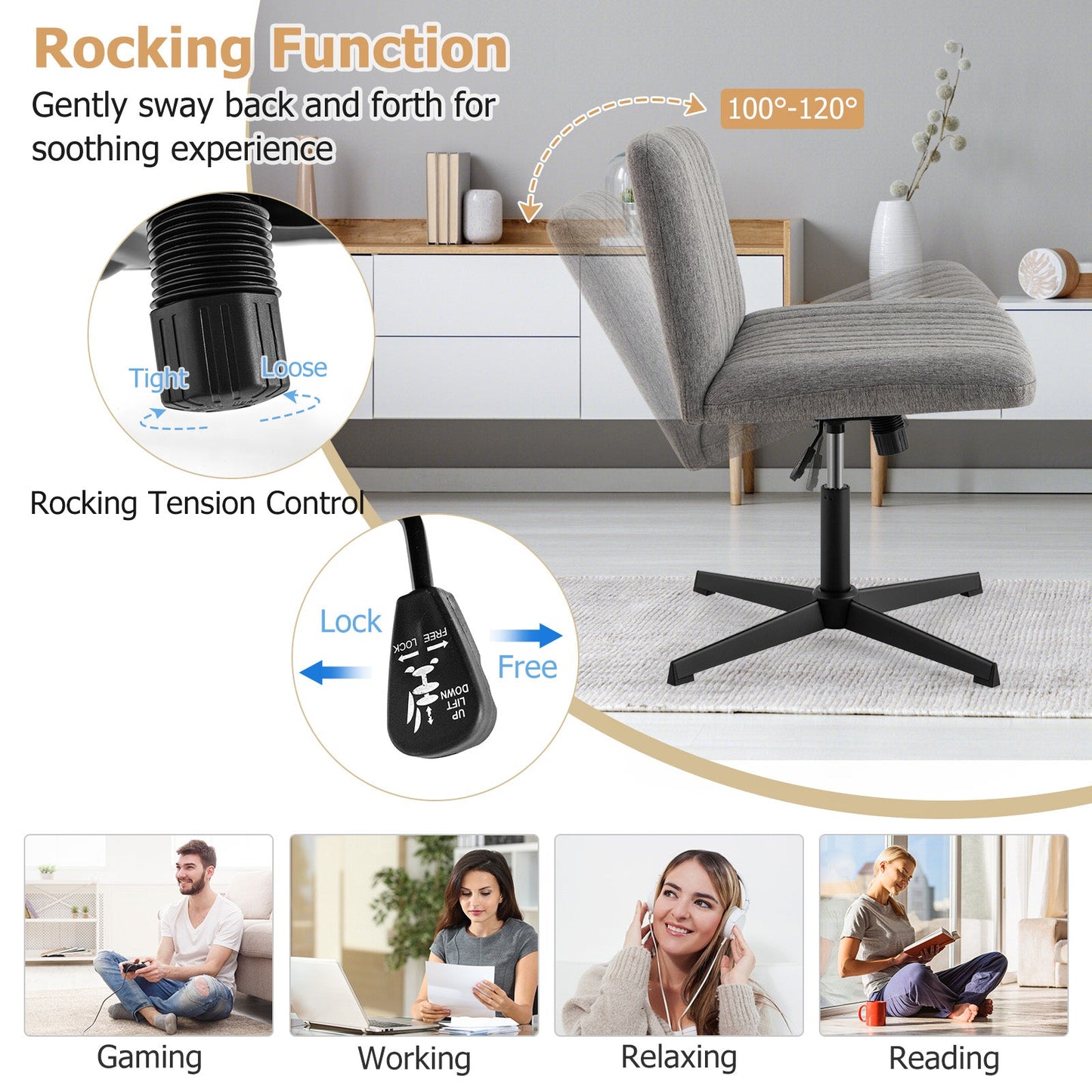 Criss Cross Legged Chair No Wheels 120¬∞ Rocking Adjustable Height-Gray