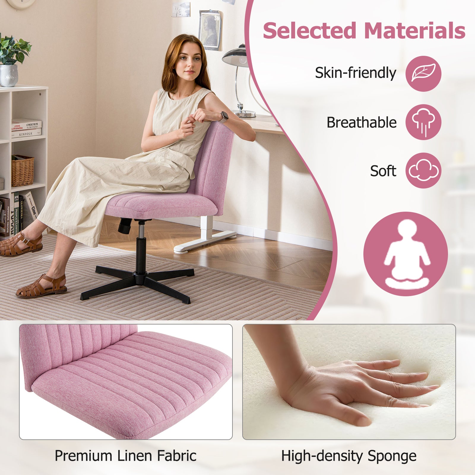 Criss Cross Legged Chair No Wheels 120¬∞ Rocking Adjustable Height-Pink