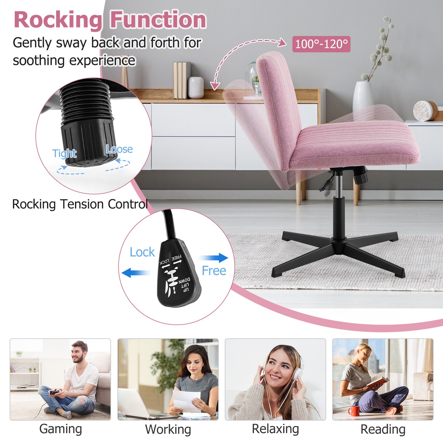 Criss Cross Legged Chair No Wheels 120¬∞ Rocking Adjustable Height-Pink