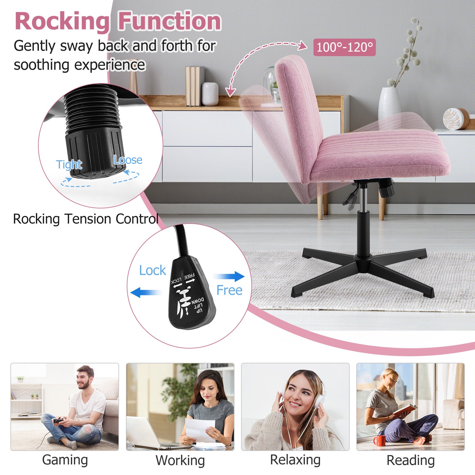 Criss Cross Legged Chair No Wheels 120¬∞ Rocking Adjustable Height-Pink
