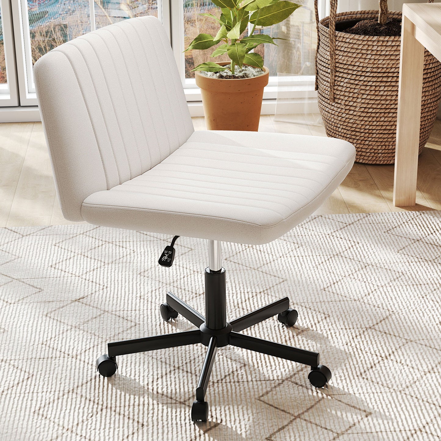 Criss Cross Chair with Wheels Cross-Legged Swivel Desk Chair with Soft-Padded Wide Seat-Beige