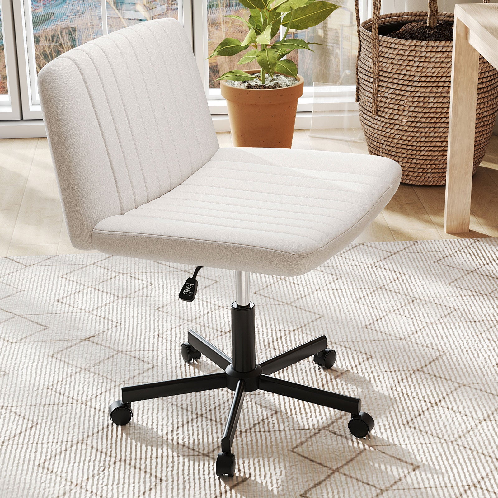 Criss Cross Chair with Wheels Cross-Legged Swivel Desk Chair with Soft-Padded Wide Seat-Beige
