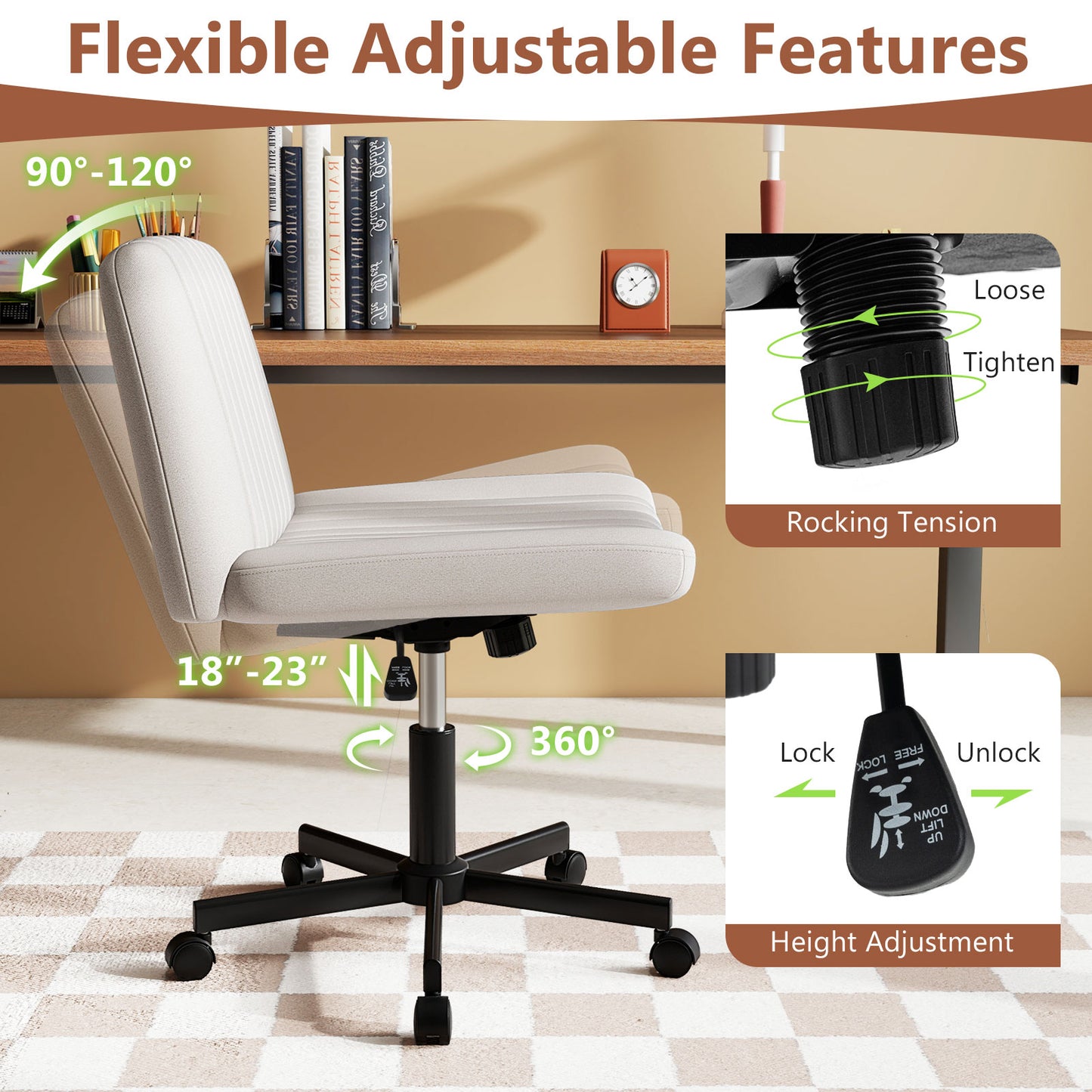 Criss Cross Chair with Wheels Cross-Legged Swivel Desk Chair with Soft-Padded Wide Seat-Beige