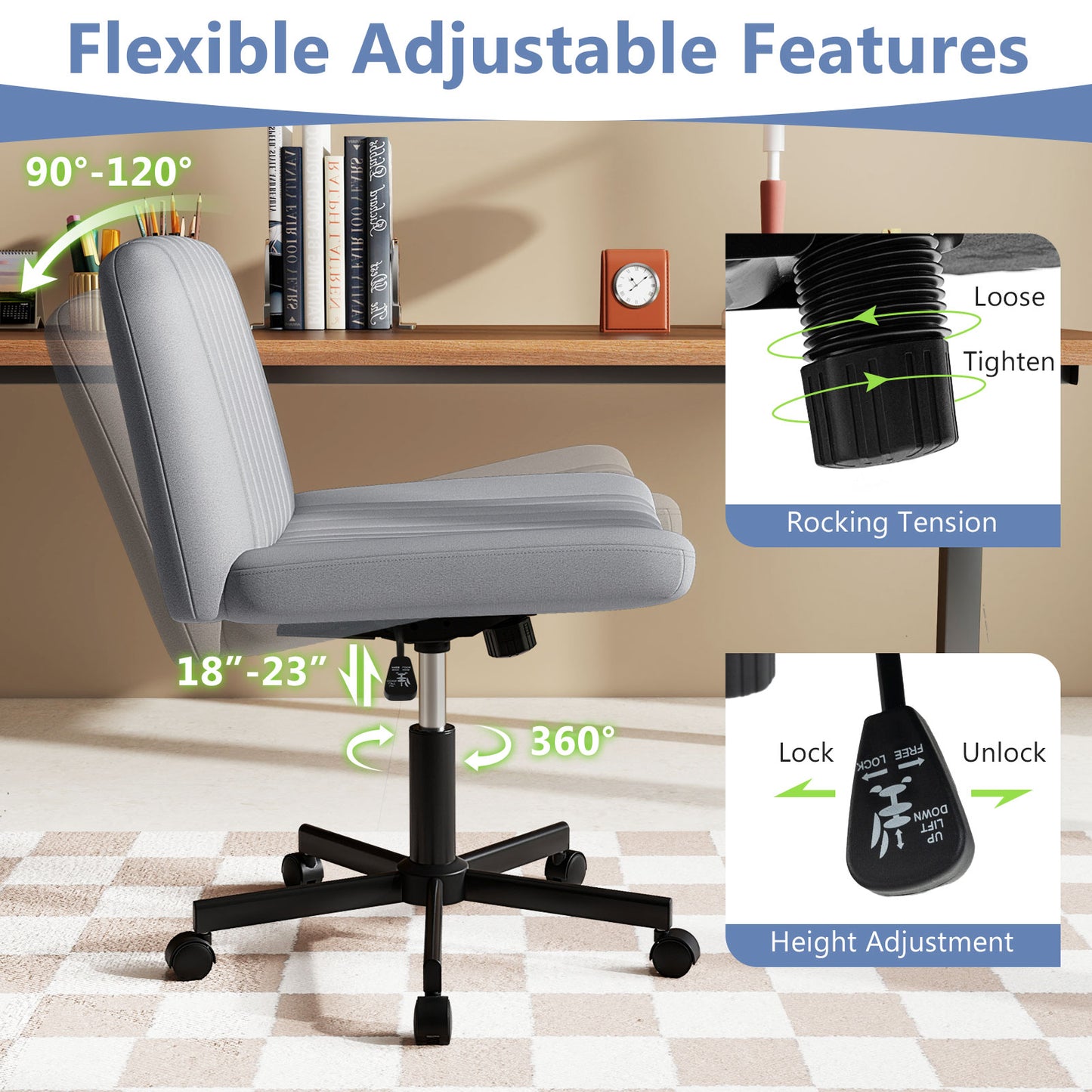 Criss Cross Chair with Wheels Cross-Legged Swivel Desk Chair with Soft-Padded Wide Seat-Gray