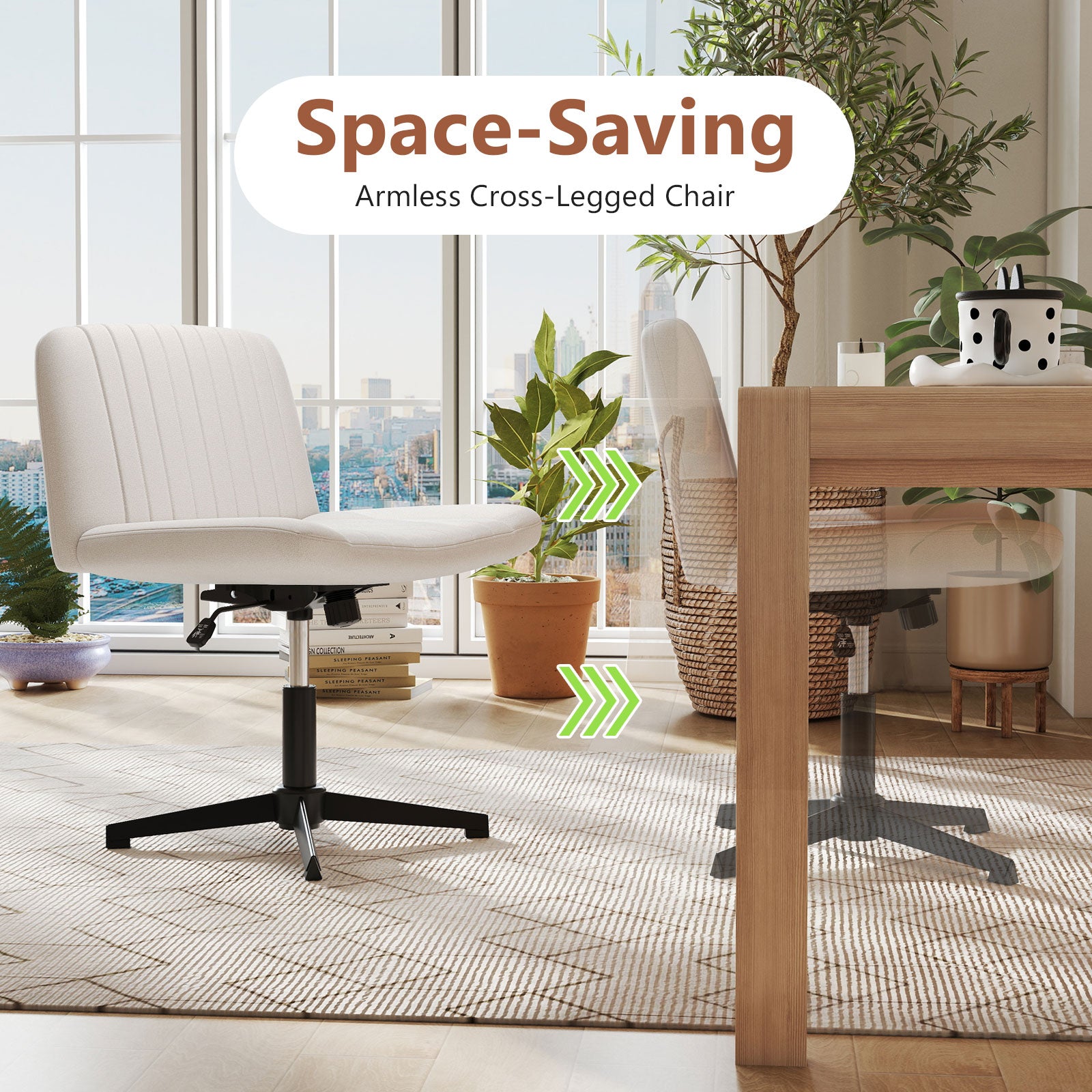 Criss Cross-Legged Swivel Desk Chair No Wheels-Beige