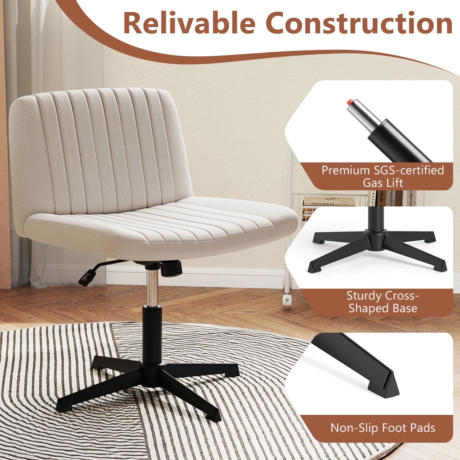 Criss Cross-Legged Swivel Desk Chair No Wheels-Beige