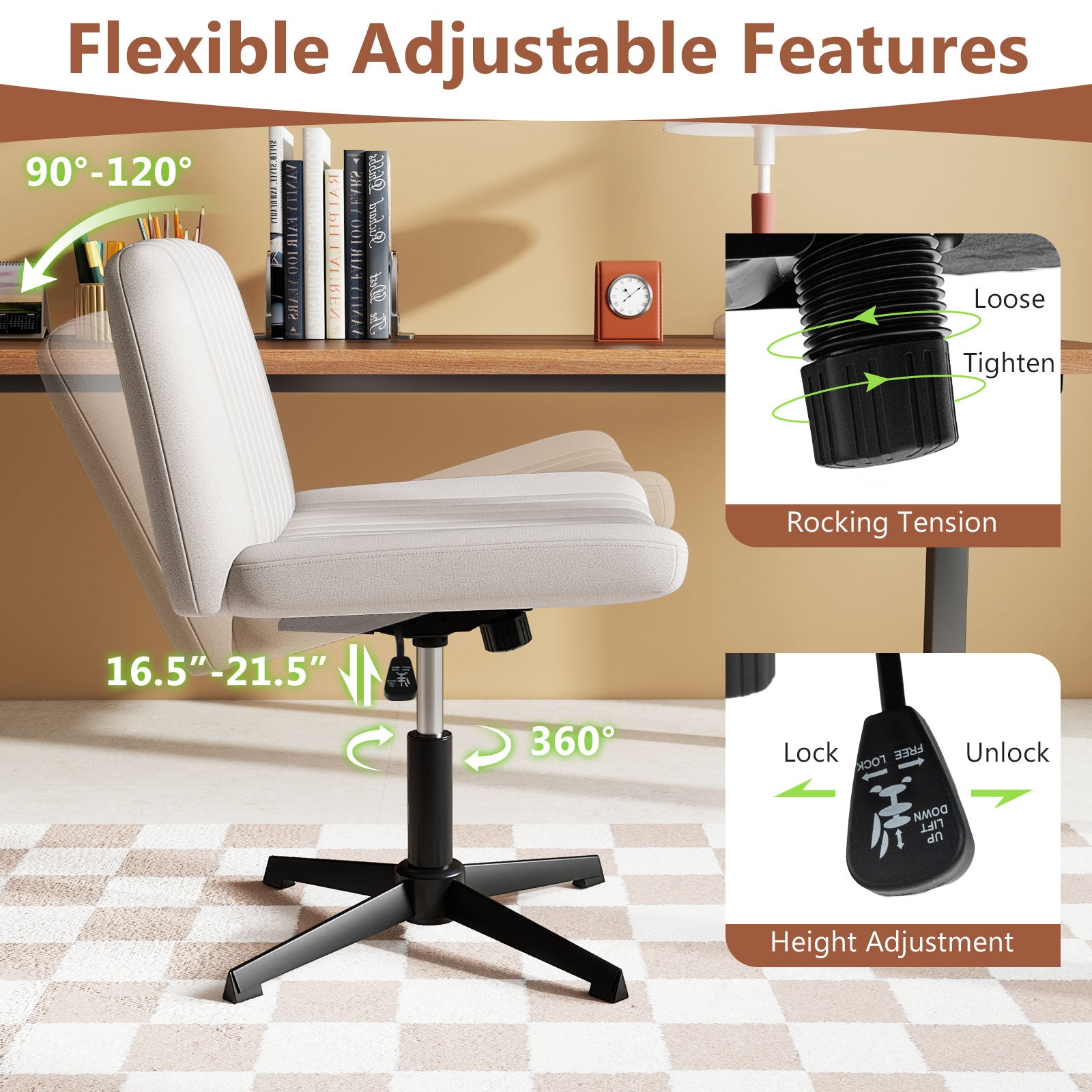 Criss Cross-Legged Swivel Desk Chair No Wheels-Beige