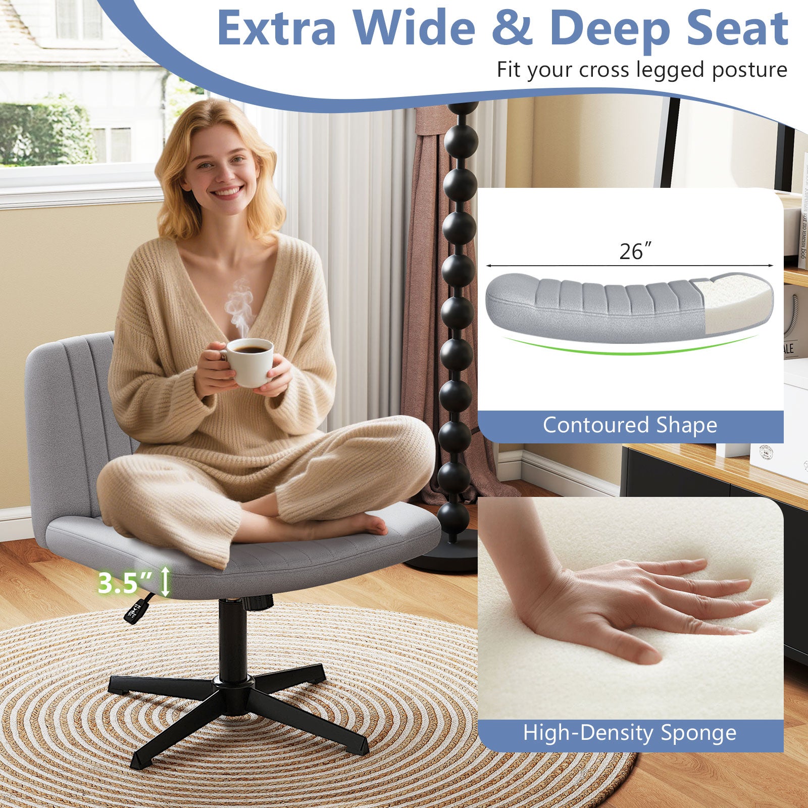 Criss Cross-Legged Swivel Desk Chair No Wheels-Gray