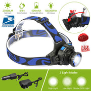 25000 LM Headlamp LED Tactical Headlight Zoomable Flashlight Torch w/Charges Camping