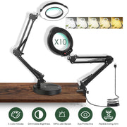 10X Magnifying Glass with Light And Stand Real Glass Lens Magnifying Desk Lamp with Clamp 5 Color Modes Dimmable Brightness For Craft Reading Painting