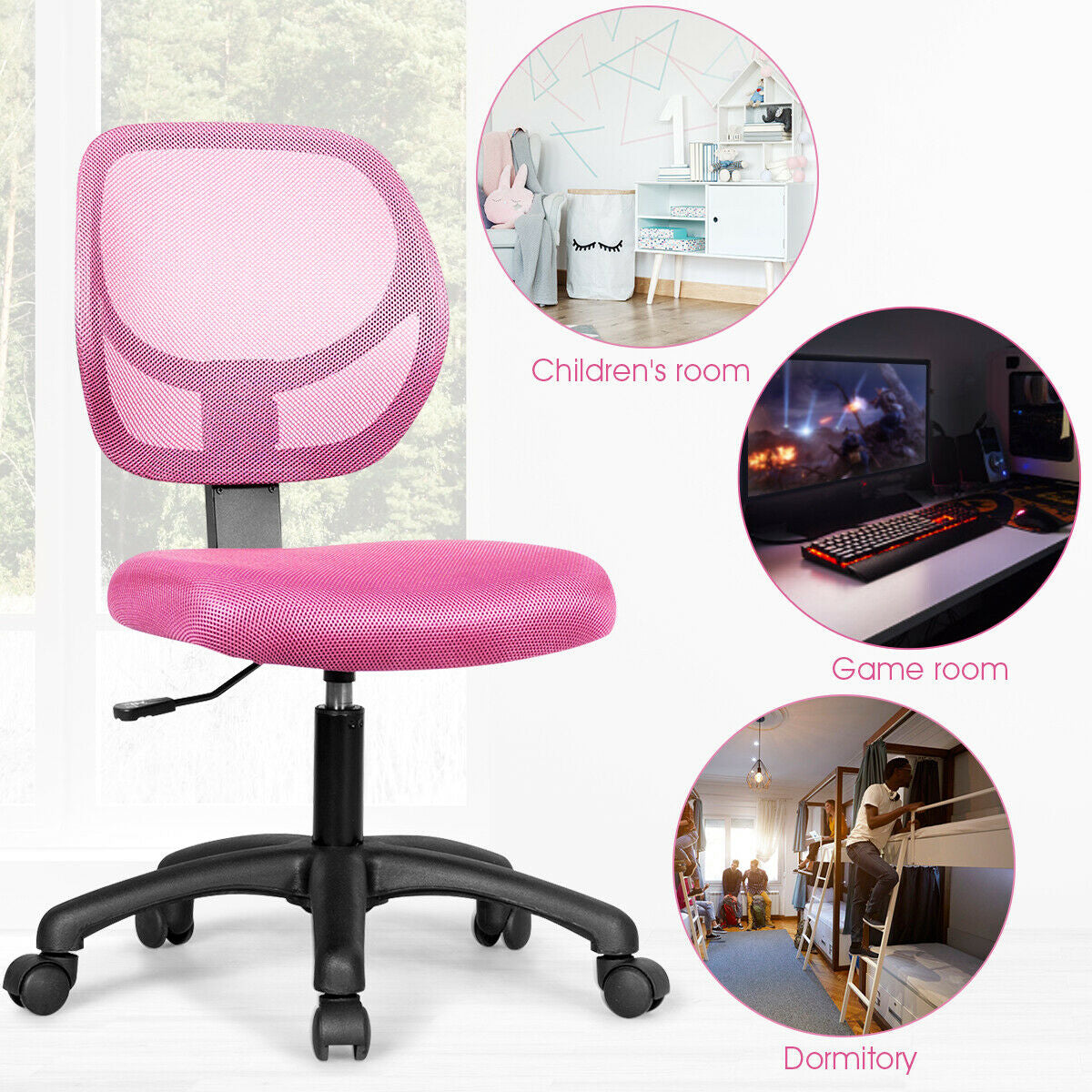 Low-back Computer Task Chair with Adjustable Height and Swivel Casters-Pink