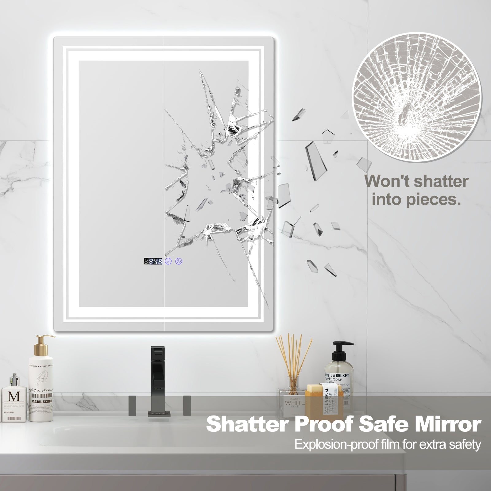 Defogging LED Bathroom Mirror with Memory Function and Anti-Fog-S