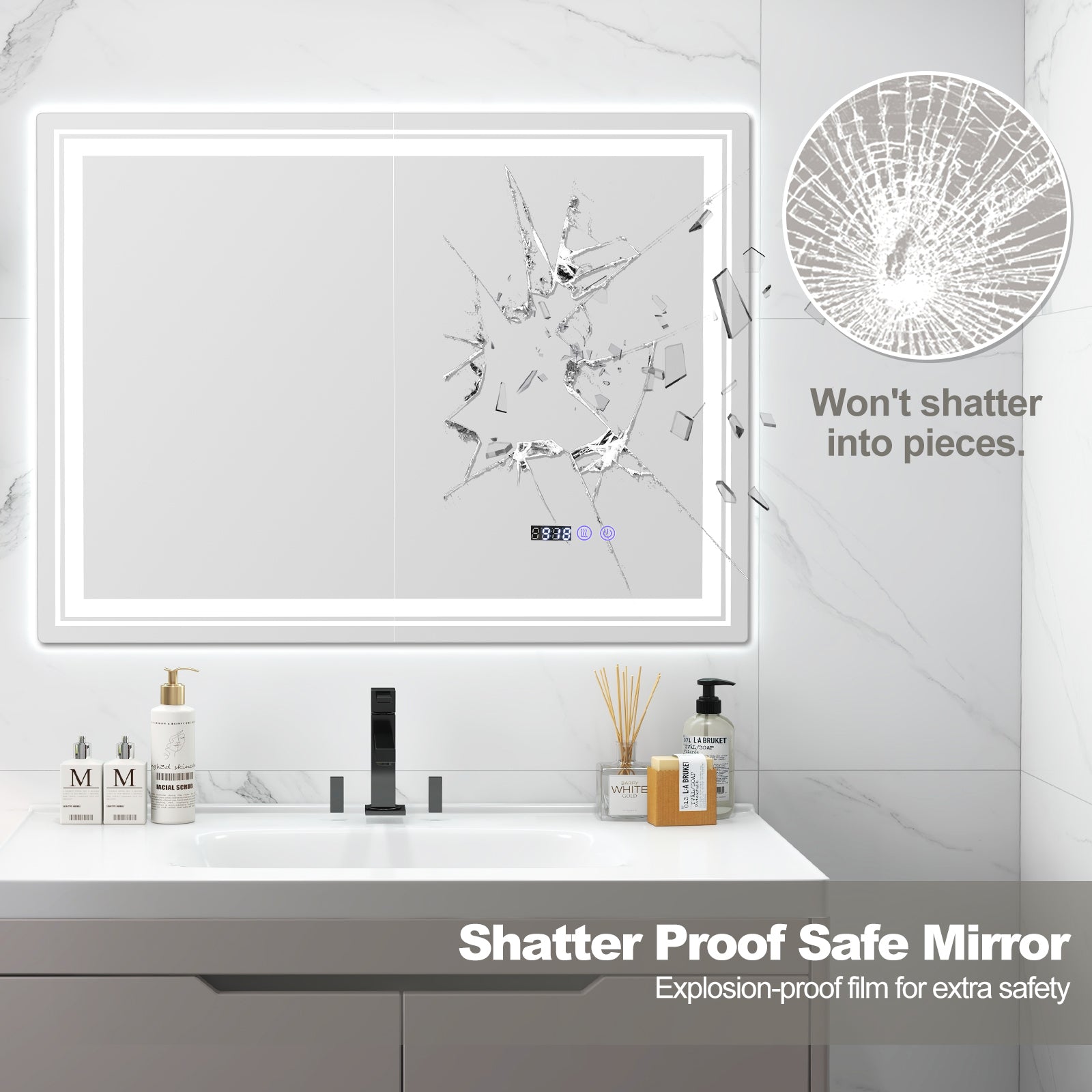 Defogging LED Bathroom Mirror with Memory Function and Anti-Fog-L