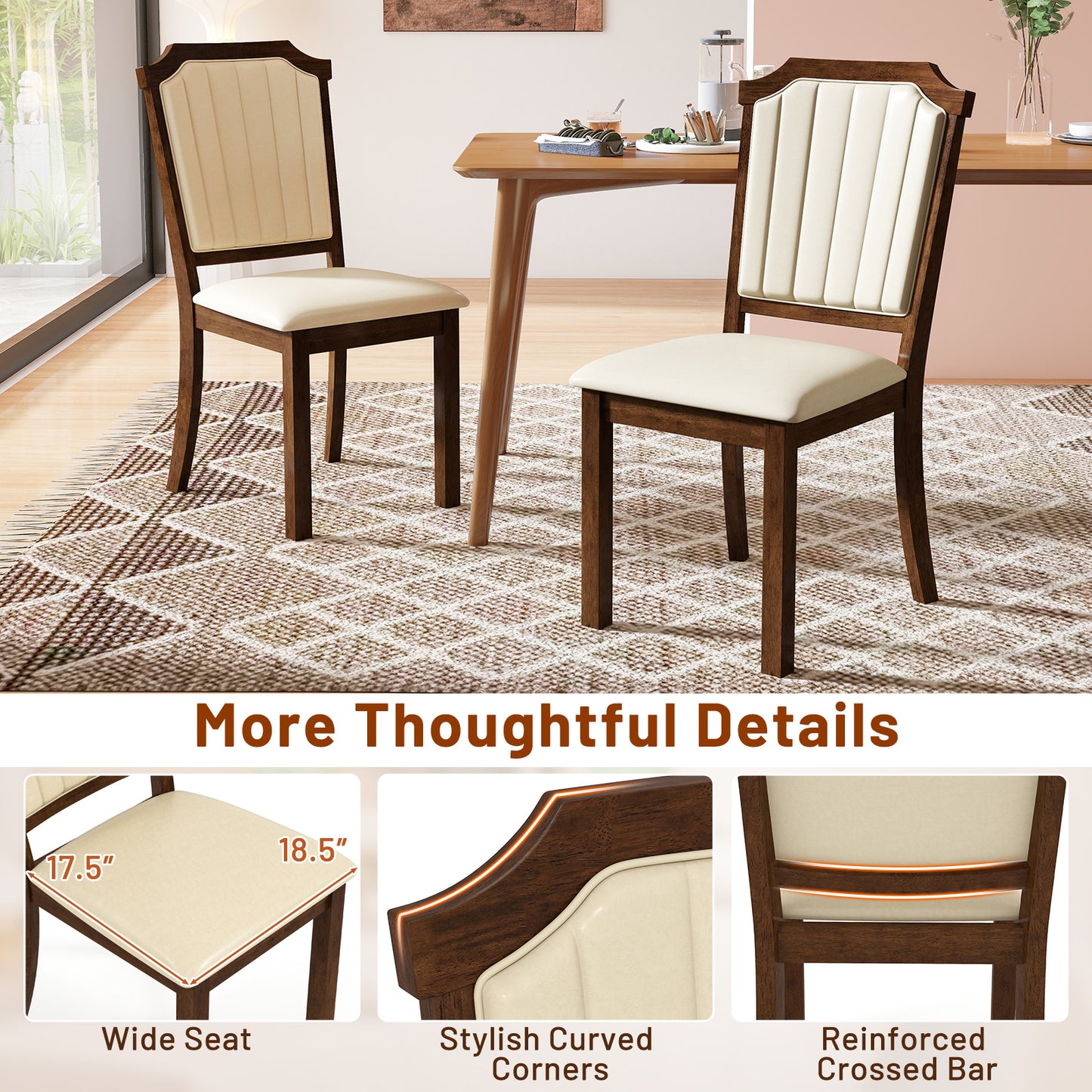 Dining Chair Set of 2 with PU Leather and Rubber Wood Frame-Brown