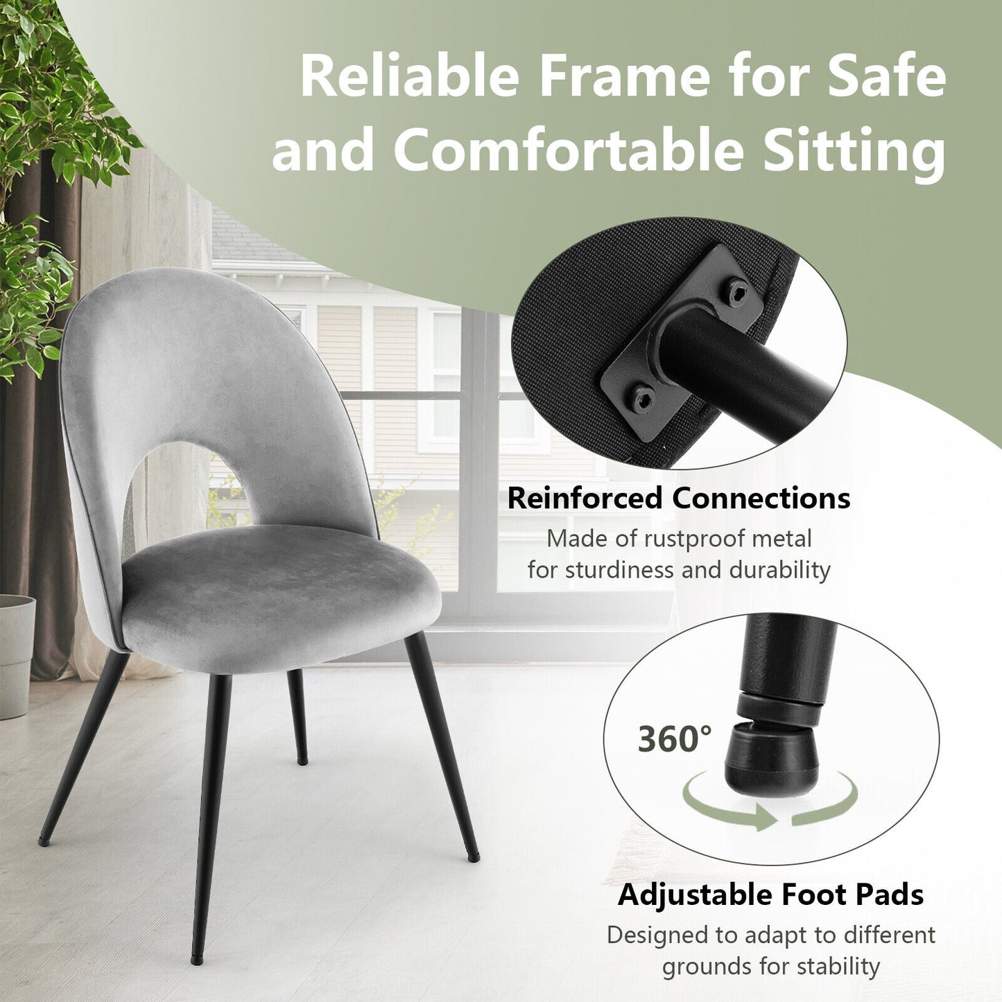 Dining Chair Set of 2 with Metal Base and Adjustable Pads-Gray