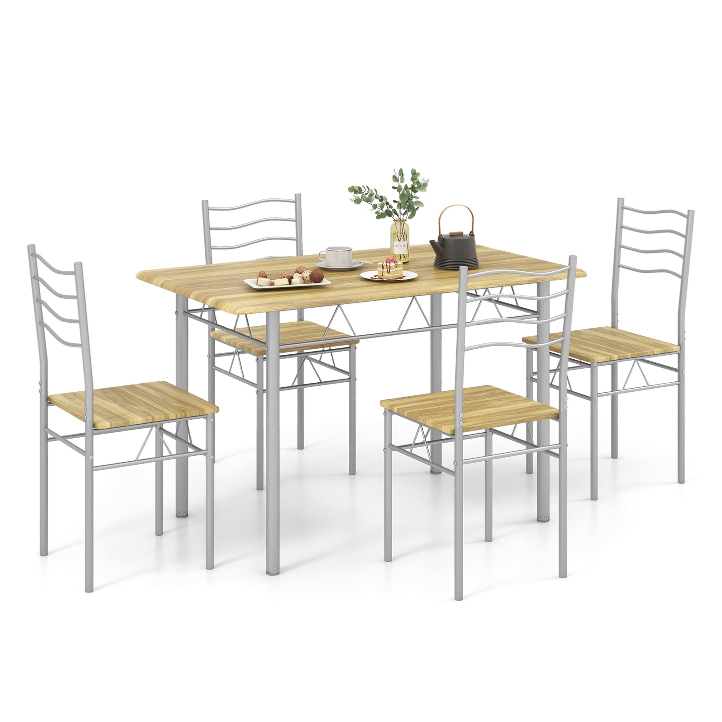 5 Pieces Wood Metal Dining Table Set with 4 Chairs-Walnut - Walnut