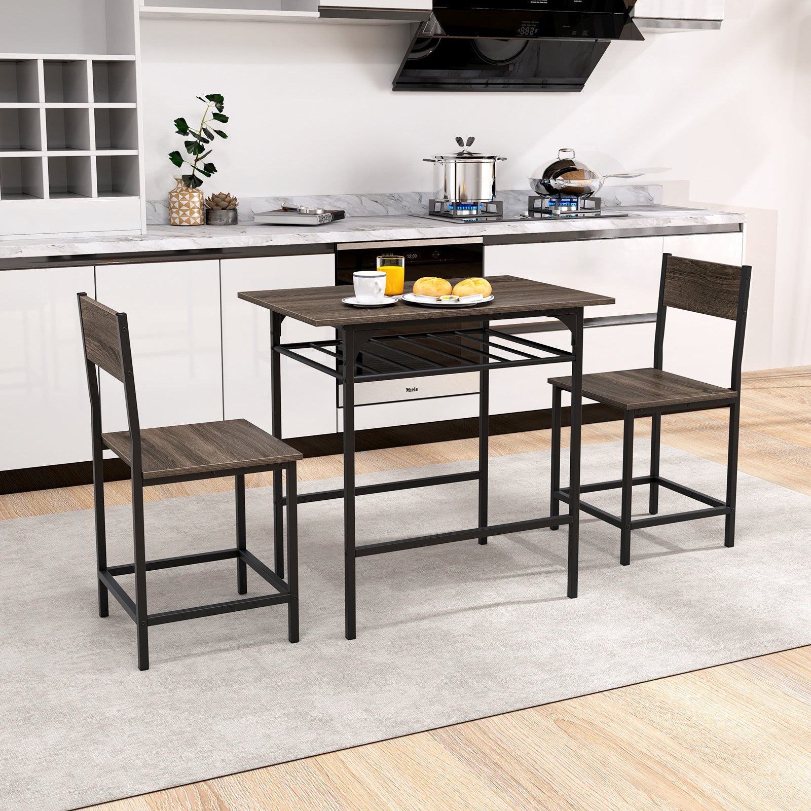 Dining Table Set with Metal Frame and Storage Rack-Gray