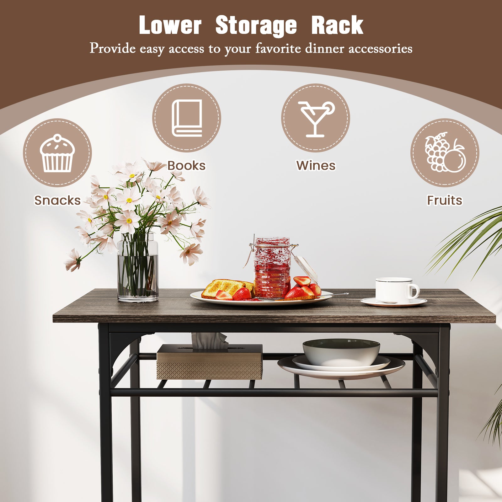 Dining Table Set with Metal Frame and Storage Rack-Gray