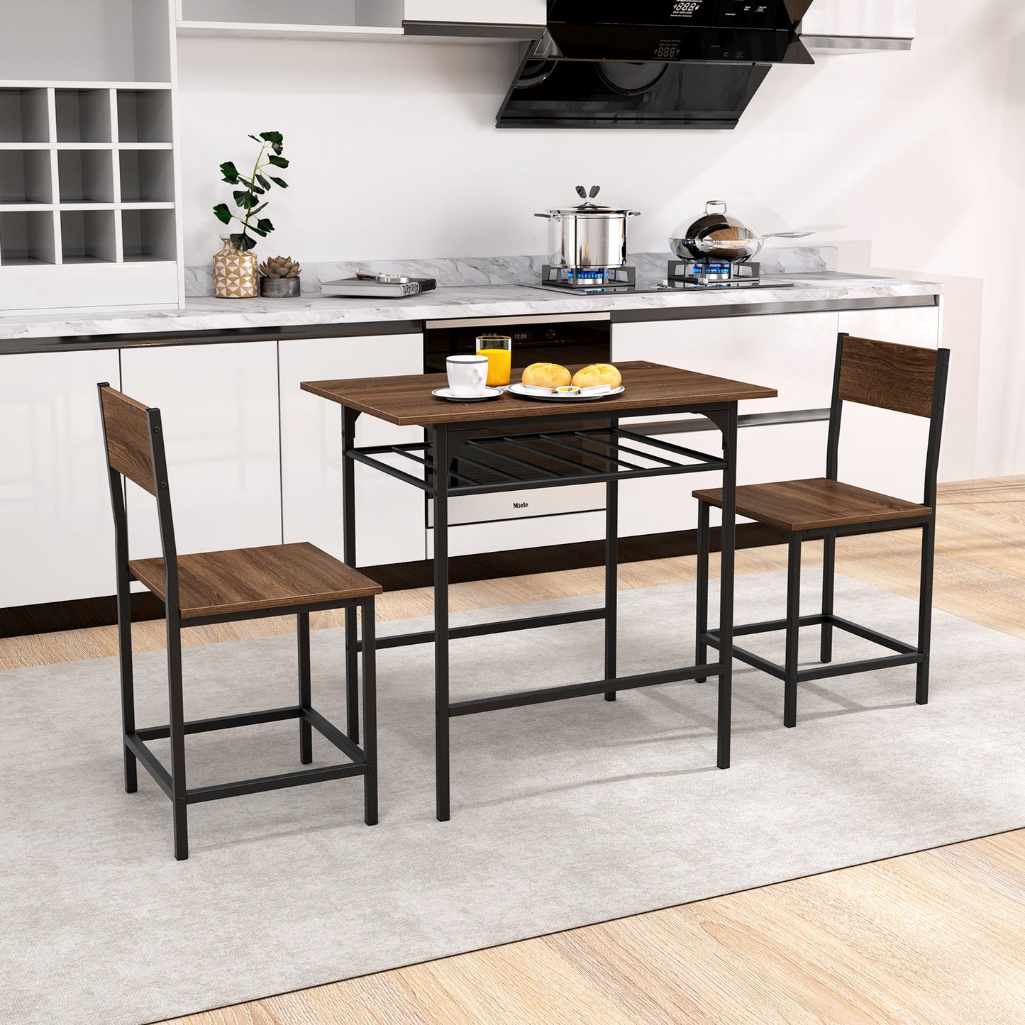 Dining Table Set with Metal Frame and Storage Rack-Rustic Brown