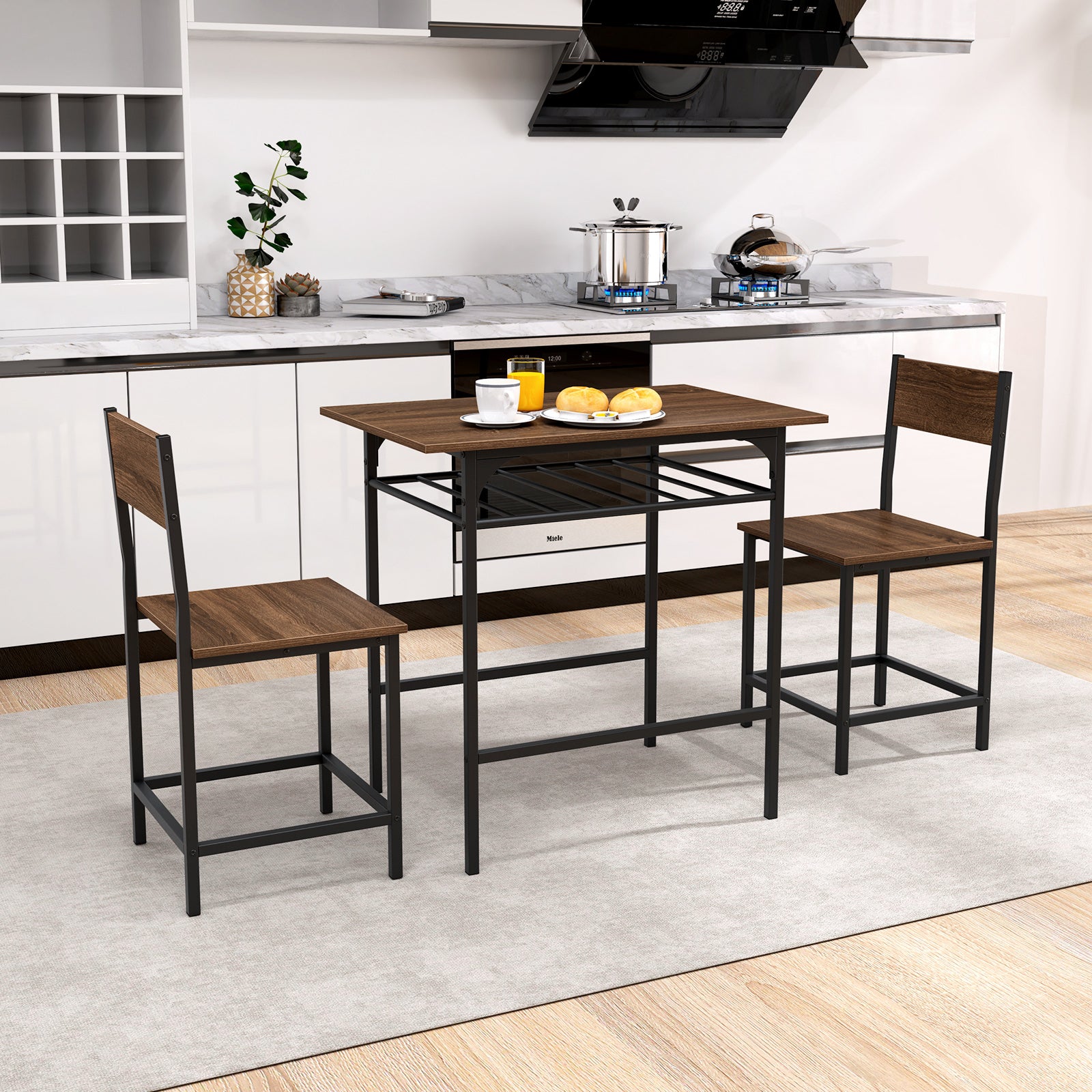 Dining Table Set with Metal Frame and Storage Rack-Rustic Brown