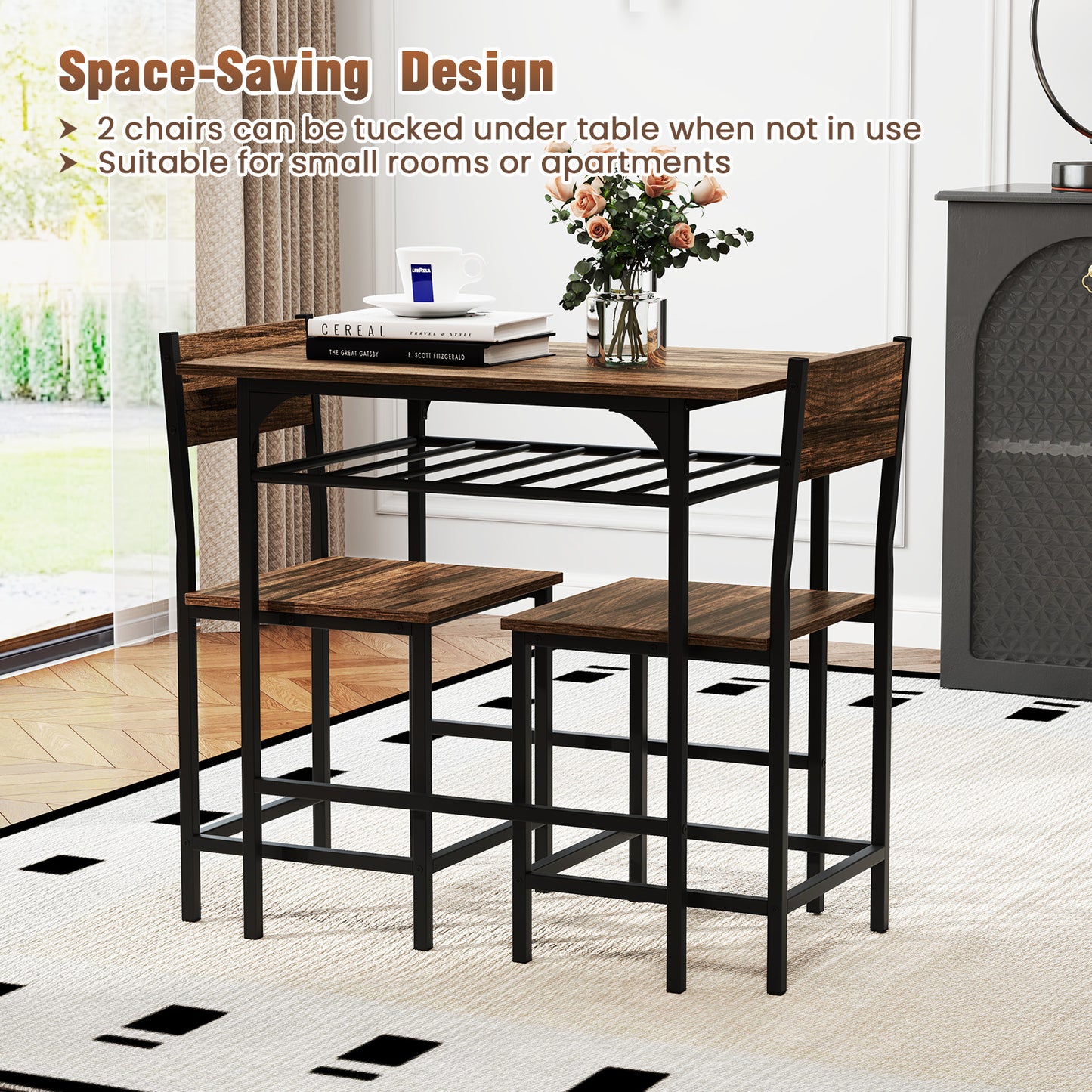 Dining Table Set with Metal Frame and Storage Rack-Rustic Brown