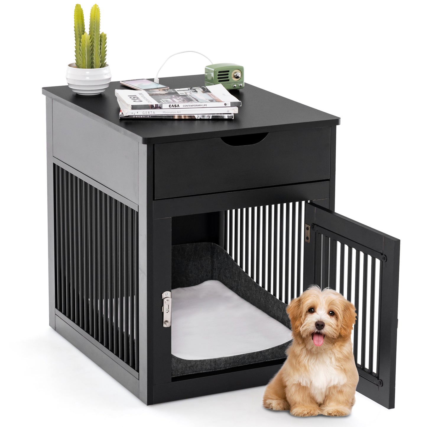 2-In-1 Dog House with Drawer and Wired Wireless Charging-Rustic Brown - Black