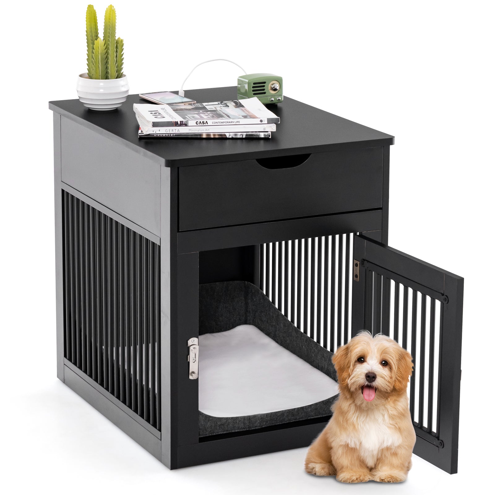 2-In-1 Dog House with Drawer and Wired Wireless Charging-Rustic Brown - Black
