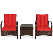 3 Pcs Patio Conversation Rattan Furniture Set with Glass Top Coffee Table and Cushions-Red