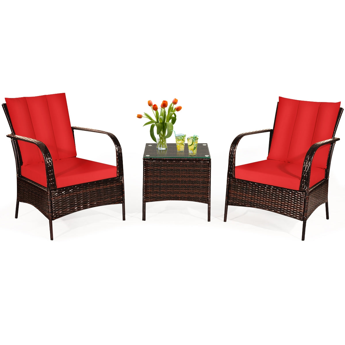 3 Pcs Patio Conversation Rattan Furniture Set with Glass Top Coffee Table and Cushions-White - Red