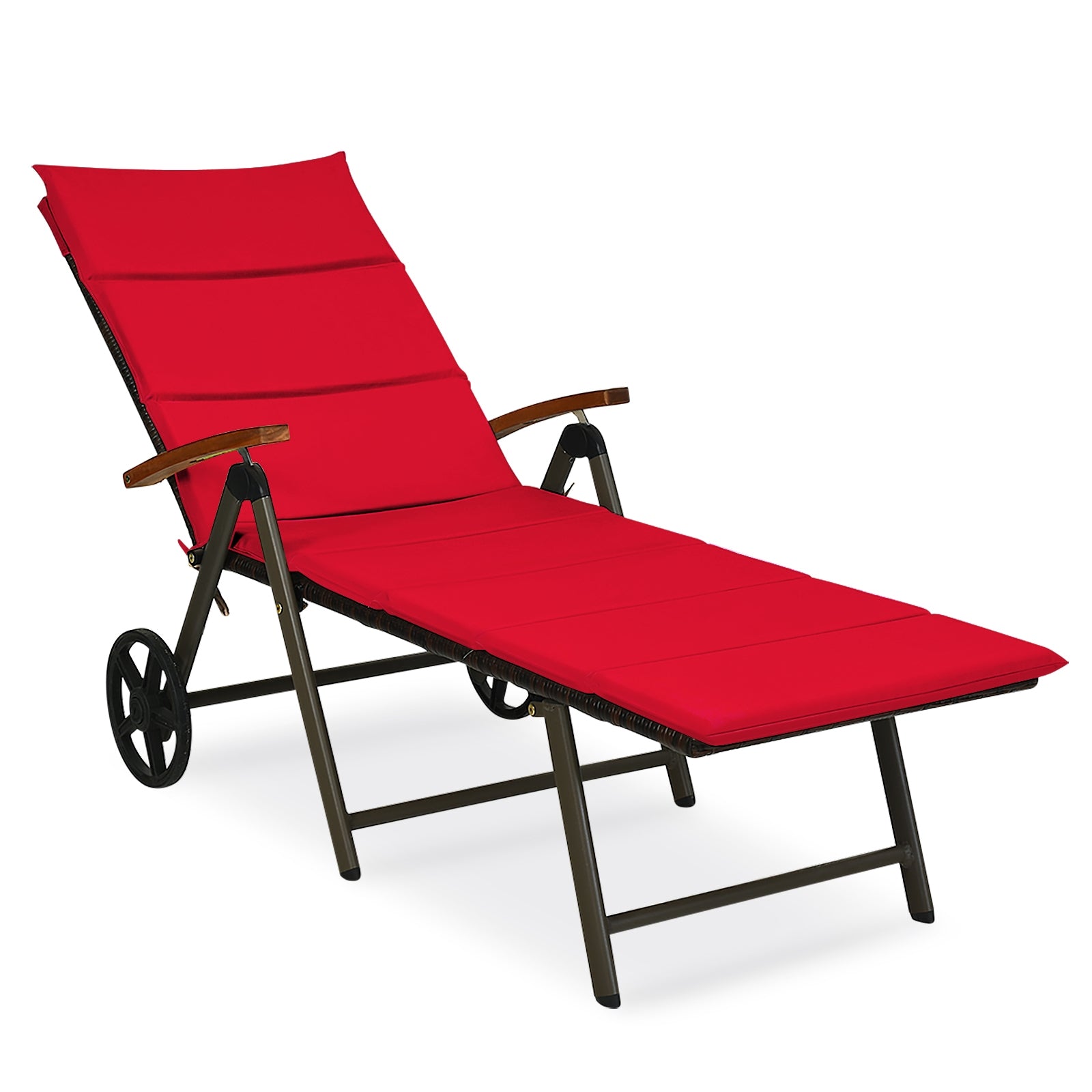 Outdoor Chaise Lounge Chair Rattan Lounger Recliner Chair-Beige - Red