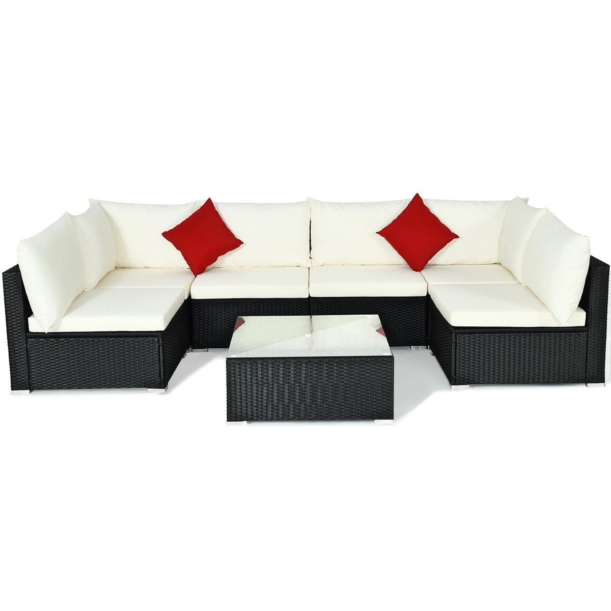 7 Pieces Sectional Wicker Furniture Sofa Set with Tempered Glass Top-Red - Beige