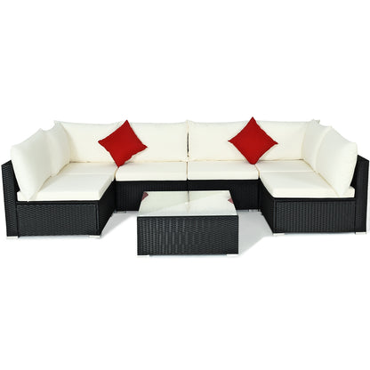 7 Pieces Sectional Wicker Furniture Sofa Set with Tempered Glass Top-Red - Beige