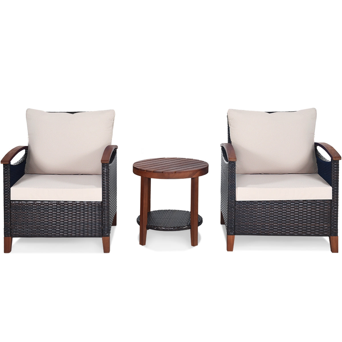 3 Pieces Patio Rattan Furniture Set with Washable Cushion and Acacia Wood Tabletop-Red - Beige
