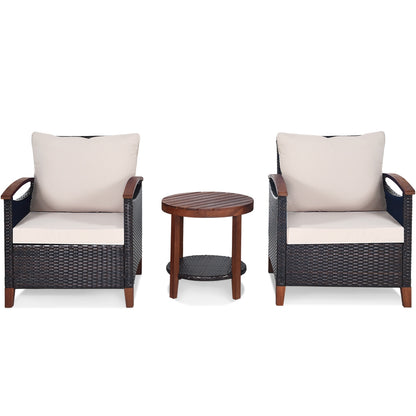 3 Pieces Patio Rattan Furniture Set with Washable Cushion and Acacia Wood Tabletop-Red - Beige