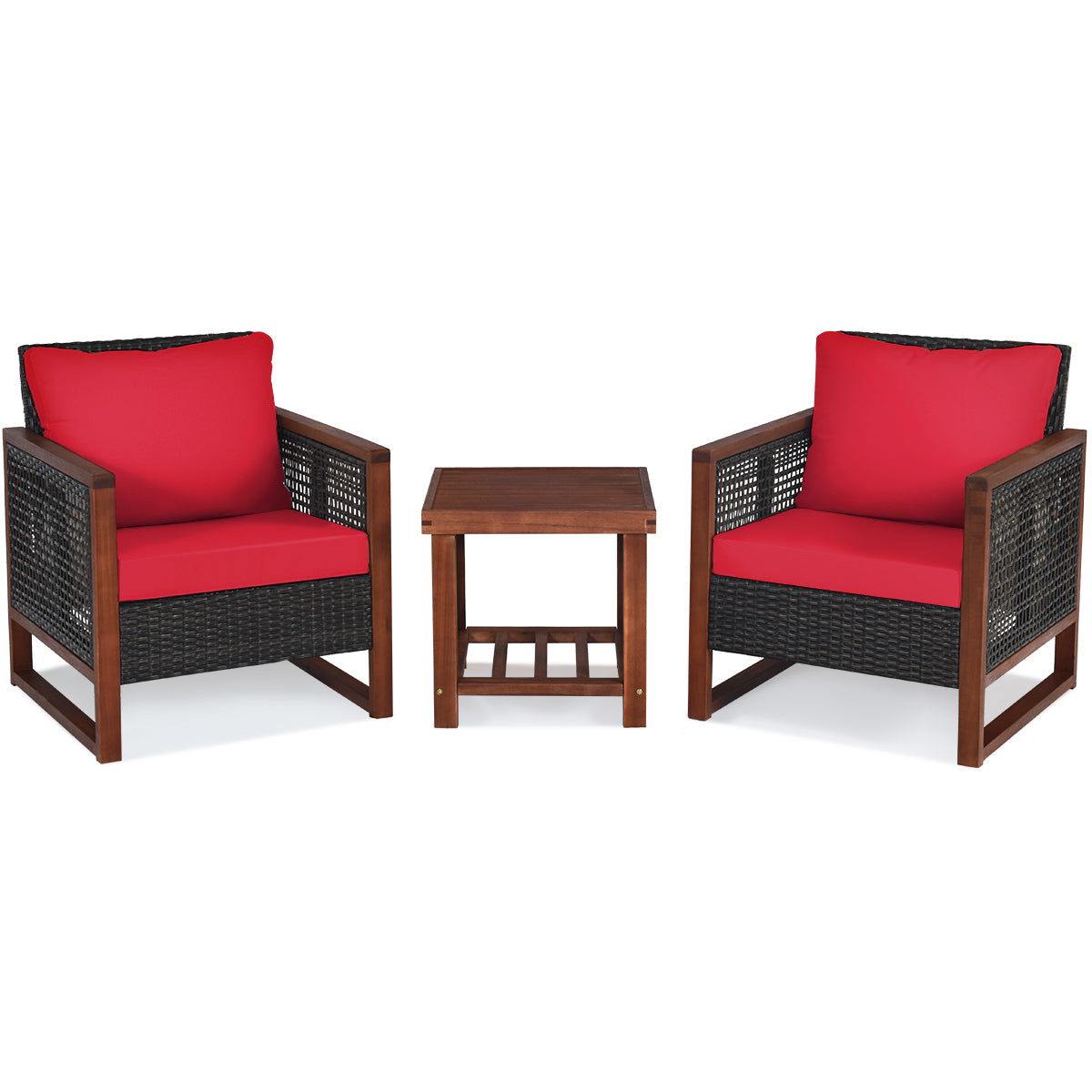 3 Pieces Acacia Wood Patio Furniture Set with Coffee Table-Red - Red