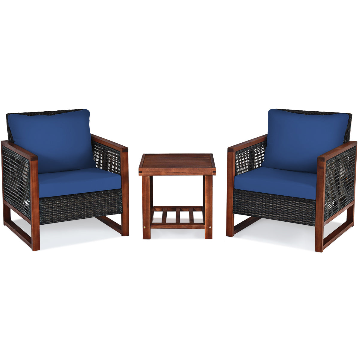 3 Pieces Acacia Wood Patio Furniture Set with Coffee Table-Red - Navy