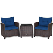 3 Pcs Patio Rattan Furniture Set Cushioned Conversation Set Coffee Table-Navy