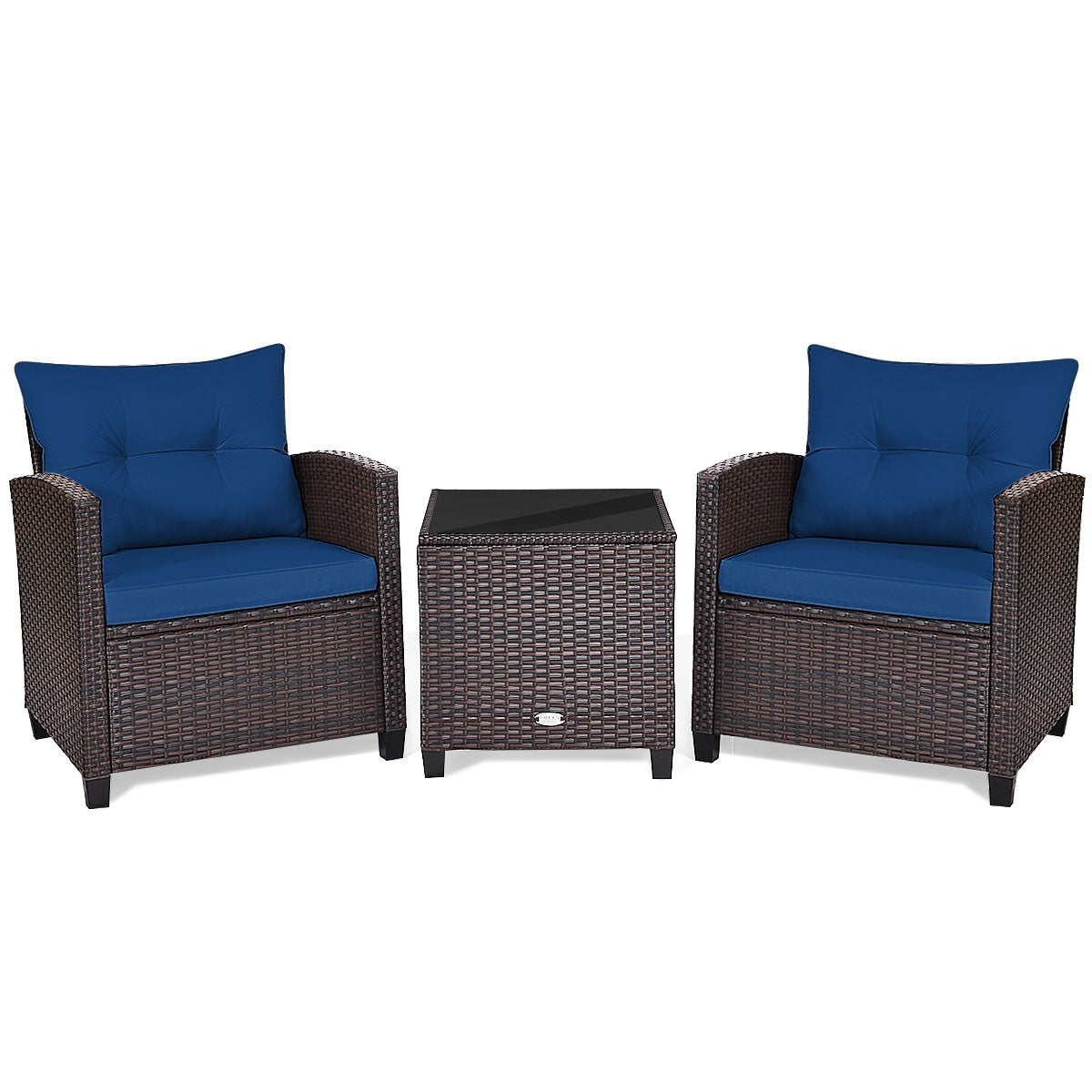 3 Pieces Rattan Patio Furniture Set with Washable Cushion-Beige & Turquoise - Navy