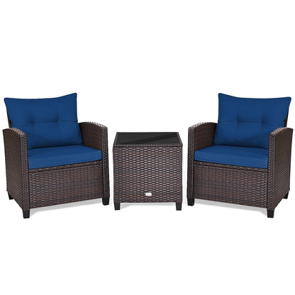 3 Pieces Rattan Patio Furniture Set with Washable Cushion-Beige & Turquoise - Navy