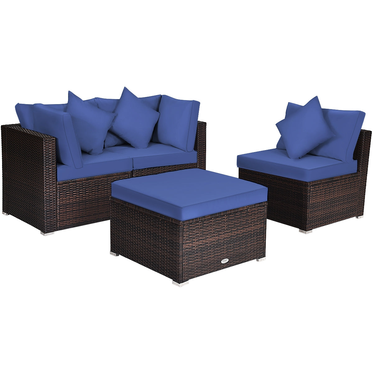 4 Pcs Ottoman Garden Deck Patio Rattan Wicker Furniture Set Cushioned Sofa-White - Navy