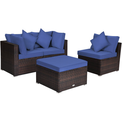 4 Pcs Ottoman Garden Deck Patio Rattan Wicker Furniture Set Cushioned Sofa-White - Navy