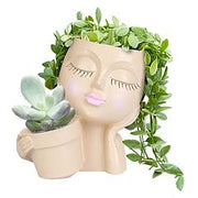 Girl Face Planter Pot Dual Opening Flower Pot With Drainage Hole Lady Head Resin Plant Pot