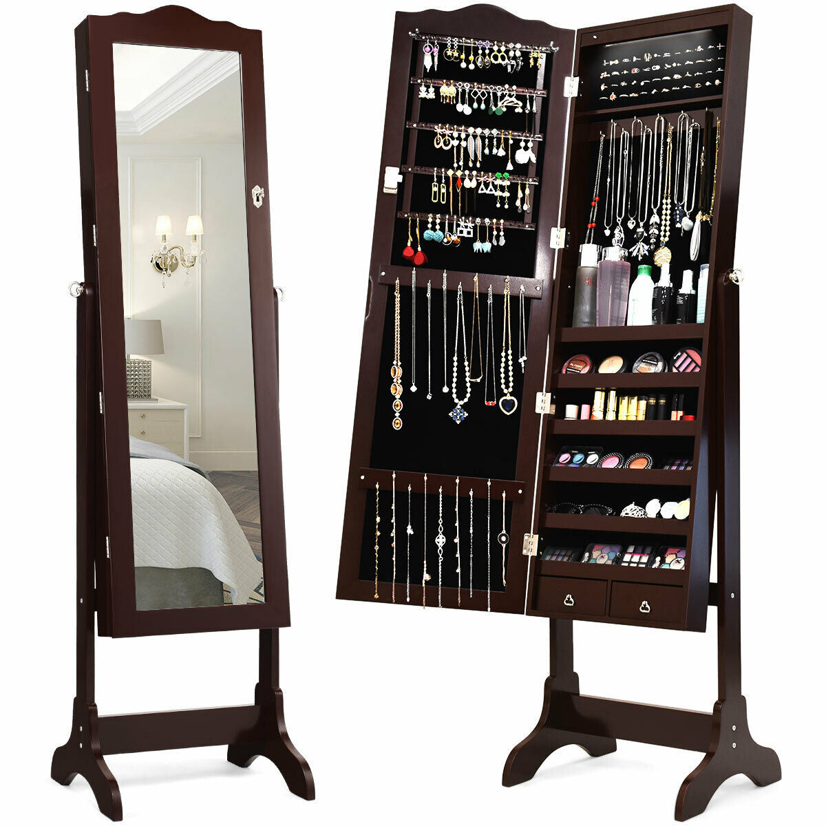 14 LED Jewelry Armoire Cabinet with Full Length Mirror and 4 Tilting Angles-Coffee - Coffee