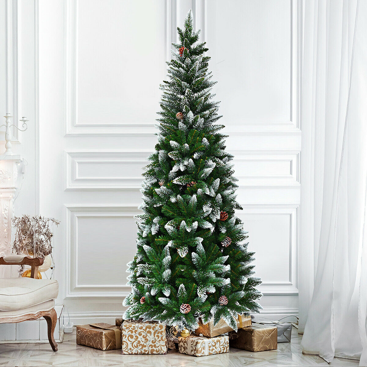 5/6/7.5 Feet Artificial Pencil Christmas Tree with Pine Cones-5 Feet